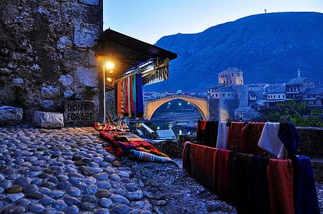 Mostar, Bosnien und Herzegowina, alte Brücke, Brücke, alt, Nacht, Never Forget, Stari Most, Moschee, HD-Hintergrundbild HD wallpaper