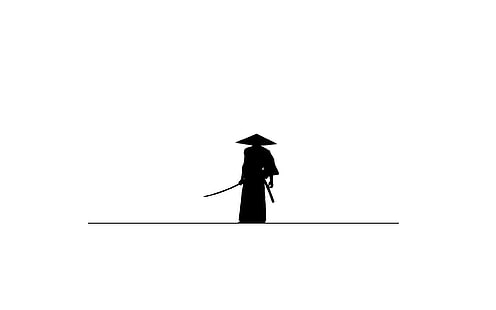pria yang memakai topi dan memegang ilustrasi pedang, latar belakang, minimalis, samurai, Wallpaper HD HD wallpaper