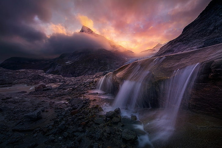 waterfalls with rocks, landscape, nature, mountains, waterfall, clouds, long exposure, Alaska, HD wallpaper