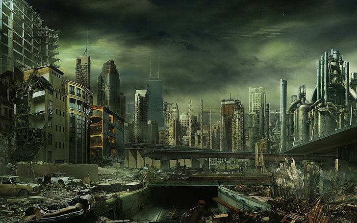 постапокалиптический Чикаго, иллюстрация Иллинойса, город, разрушение, катастрофа, HD обои