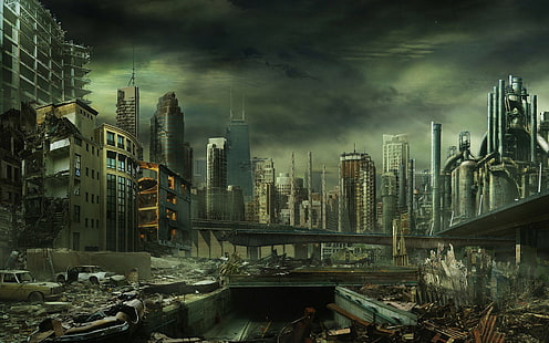постапокалиптический Чикаго, иллюстрация Иллинойса, город, разрушение, катастрофа, HD обои HD wallpaper