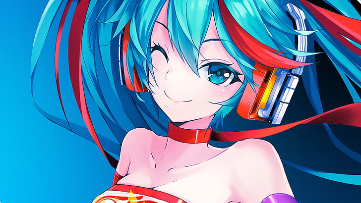 синие волосы женский персонаж аниме с наушниками, хацунэ мику, вокалоид, длинные волосы, HD обои