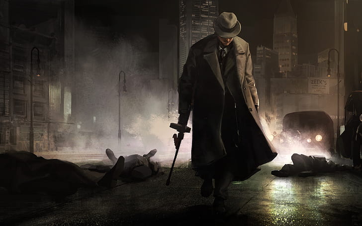 Peinture de gangster, personnage masculin portant un chapeau fedora beige, mafia, gangster, Fond d'écran HD