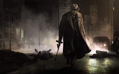 لوحة العصابات ، شخصية ذكورية ترتدي قبعة فيدورا بيج ، مافيا ، رجل عصابة، خلفية HD HD wallpaper
