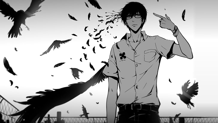männliche Anime-Figur, Anime, Brille, Krähe, Zankyou no Terror, Kokonoe Arata, einfarbig, HD-Hintergrundbild