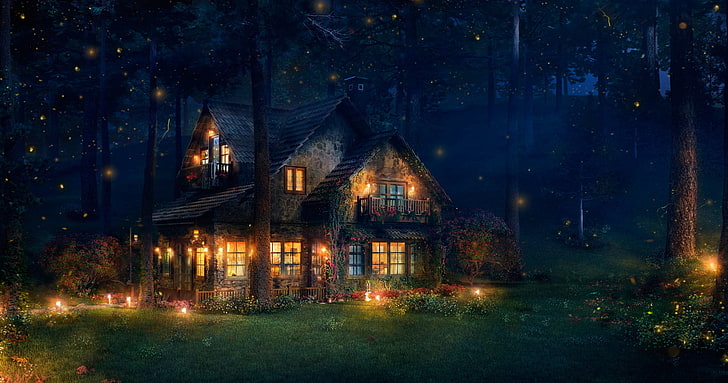 brown wooden house, forest, house, fireflies, art, The Firefly Cottage, HD wallpaper