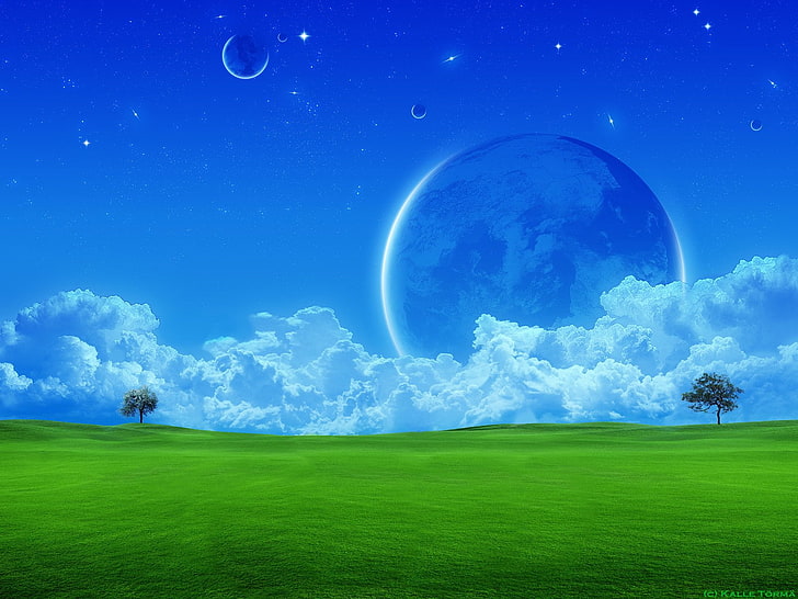 green leafed trees on green grass with planet background wallpaper, Earth, A Dreamy World, Landscape, Moon, HD wallpaper
