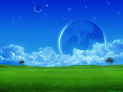 alberi a foglia verde su erba verde con sfondo del pianeta sfondo, terra, un mondo da sogno, paesaggio, luna, Sfondo HD HD wallpaper