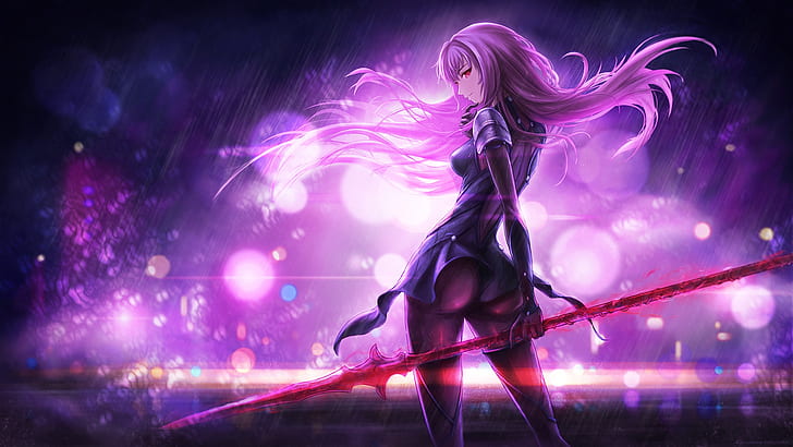 girl, lights, weapons, magic, anime, art, spear, fate/grand order, scathach, HD wallpaper