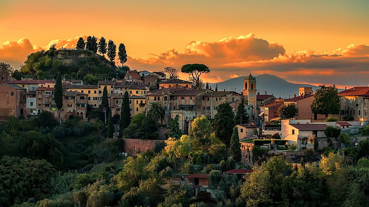concrete buildings, architecture, building, house, nature, Italy, church, trees, clouds, sunset, hills, tower, old building, history, HD wallpaper