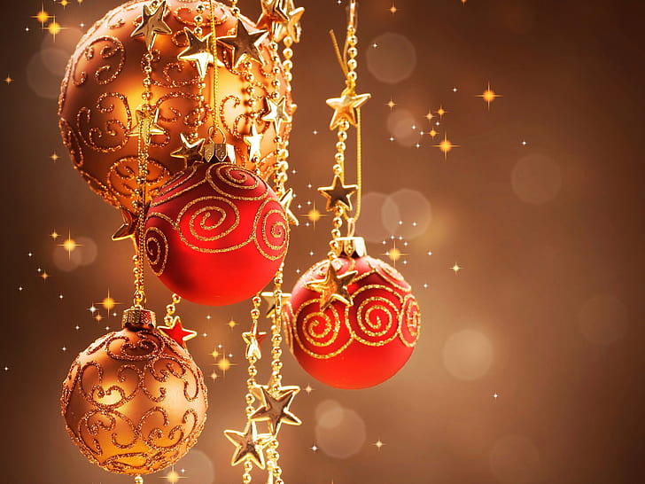 暖かいクリスマスの装飾、赤の装飾ボール、暖かい、クリスマス、装飾、赤、装飾、ボール、 HDデスクトップの壁紙