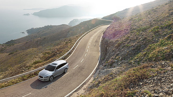 серебристый внедорожник, Jaguar XF, дорога, суперкар, универсал, универсал, горки, вода, HD обои
