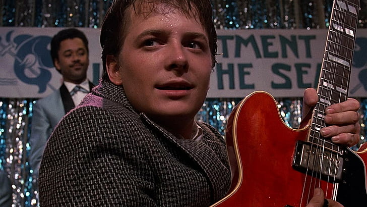 men, actor, movies, film stills, suits, Back to the Future, Michael J. Fox, guitar, music, playing, stages, Marty McFly, sweat, musician, electric guitar, HD wallpaper
