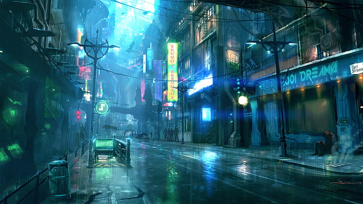 two black 2-light lampposts, animated photo of buildings and road, futuristic, rain, night, street, Dreamfall Chapters, cityscape, futuristic city, cyberpunk, HD wallpaper
