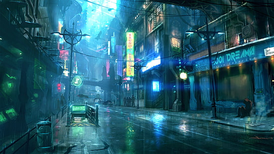 två svarta 2-ljus lyktstolpar, animerat foto av byggnader och väg, futuristiskt, regn, natt, gata, Dreamfall-kapitel, stadsbild, futuristisk stad, cyberpunk, HD tapet HD wallpaper