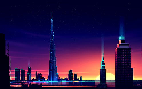 Burj Khalifa, Dubaï, tour Willis, États-Unis, pixels, gratte-ciel, Burj Khalifa, Dubaï, nuit, paysage urbain, coloré, Fond d'écran HD HD wallpaper