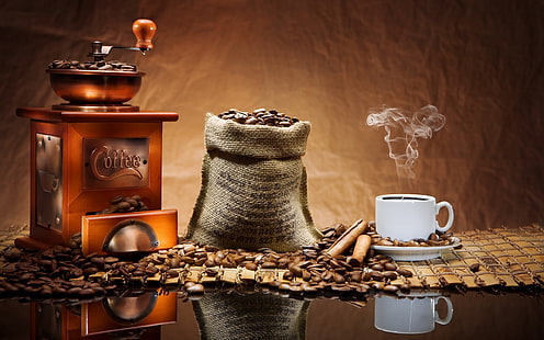 tasse kaffee, sack kaffeebohnen und kaffeemühle tapete, kaffee, teller, tasse, HD-Hintergrundbild HD wallpaper