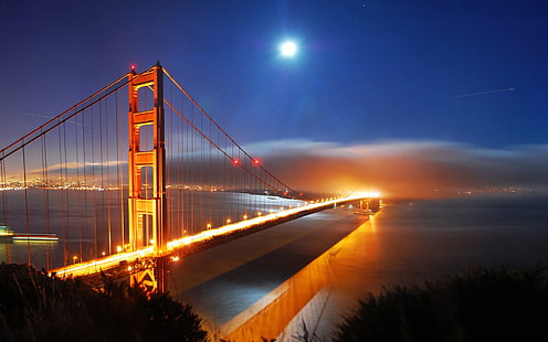 サンフランシスコ橋の夜景、夜、橋、フランシスコ、ライト、 HDデスクトップの壁紙 HD wallpaper