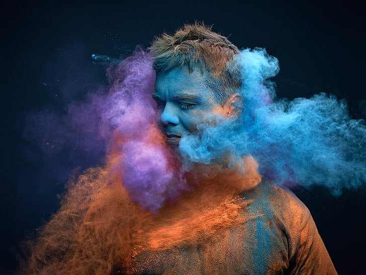 teal smoke, dust, smoke, colorful, men, HD wallpaper
