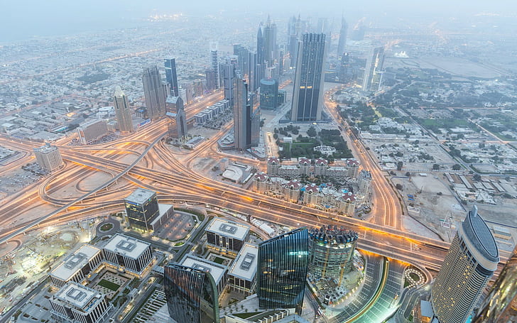 Дубай, Бурж Халифа, въздушна снимка на високи сгради, Дубай, Бурж Халифа, най-високата сграда в света, град, и, HD тапет