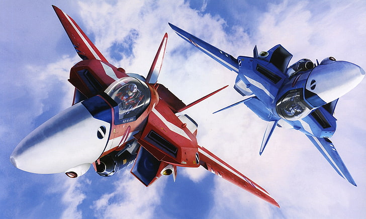 красные и синие реактивные самолеты, робототехника, аниме, робот, макросс, HD обои