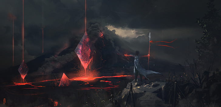 volcano, artwork, HD wallpaper