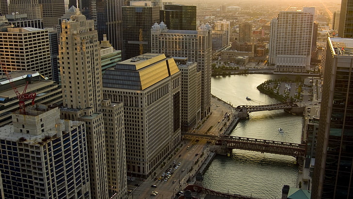 Bâtiment en béton blanc, paysage urbain, pont, bâtiment, rivière, Chicago, Fond d'écran HD