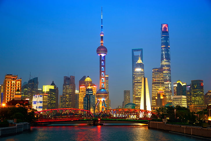 Shanghai Pearl Oriental, malam, jembatan, lampu, sungai, rumah, gedung pencakar langit, Cina, menara, Shanghai, Wallpaper HD