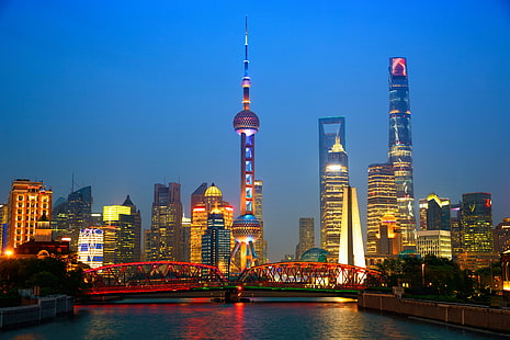 Oriental Pearl Шанхай, нощ, мост, светлини, река, дом, небостъргачи, Китай, кула, Шанхай, HD тапет HD wallpaper