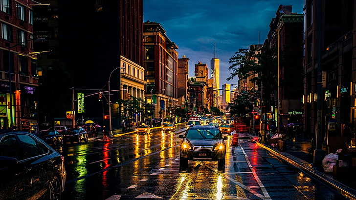 ダウンタウン、アメリカ合衆国、ニューヨーク、ニューヨーク市、マンハッタン、チェルシー、夕方、空、道路、ニューヨーク、首都圏、街の明かり、通り、夜、交通、大都市、反射、雨の日、都市の景観、都市、 HDデスクトップの壁紙
