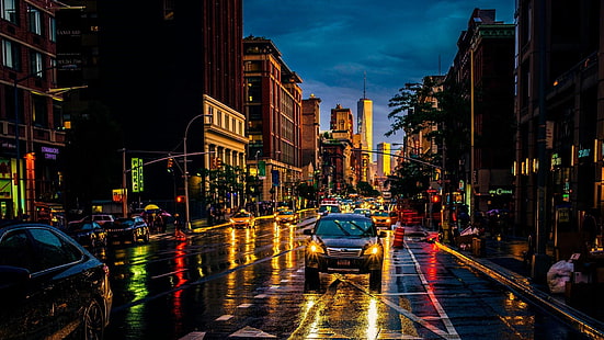 ダウンタウン、アメリカ合衆国、ニューヨーク、ニューヨーク市、マンハッタン、チェルシー、夕方、空、道路、ニューヨーク、首都圏、街の明かり、通り、夜、交通、大都市、反射、雨の日、都市の景観、都市、 HDデスクトップの壁紙 HD wallpaper