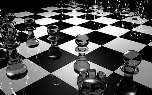 Chess, white, pieces, black, chess, 3d and abstract, HD wallpaper HD wallpaper