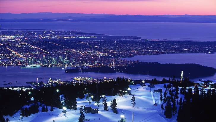 Ванкувър, Британска Колумбия, планини, море, сняг, HD тапет