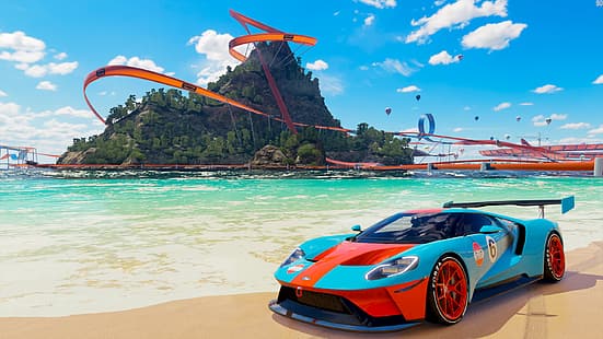 екранна снимка, Forza Horizon 3, Ford GT, състезания, Hot Wheels, плаж, HD тапет HD wallpaper