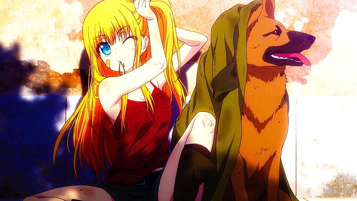 Anime, Anime Girls, Nishimori Yusa, Hund, Blondine, Charlotte (Anime), langes Haar, blaue Augen, Zwinker, sitzend, HD-Hintergrundbild