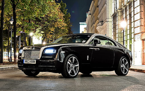 Rolls-Royce Wraith, Rolls-Royce, Wraith, страничен изглед, черен, блясък, черно купе, Rolls-Royce Wraith, Rolls-Royce, Wraith, страничен изглед, черен, блясък, HD тапет HD wallpaper