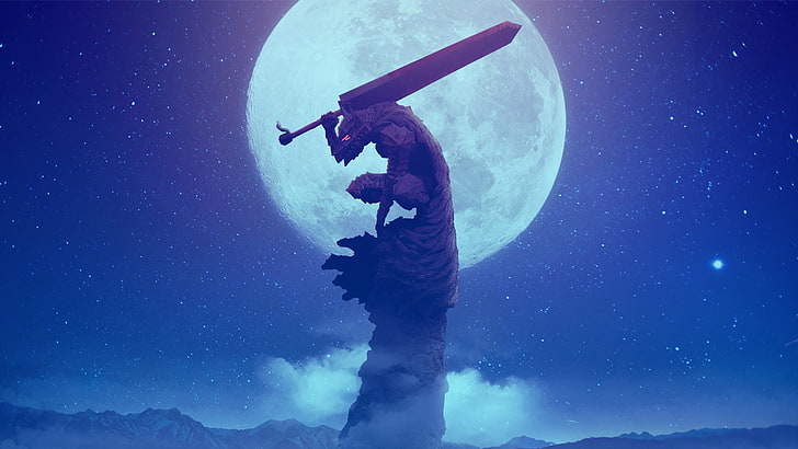 lobo segurando espada anime papel de parede, Berserk, espadachim preto, tripas, Kentaro Miura, HD papel de parede