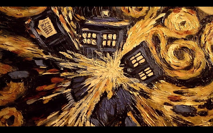 lukisan abstrak coklat dan hitam, Doctor Who, TARDIS, Vincent van Gogh, Wallpaper HD