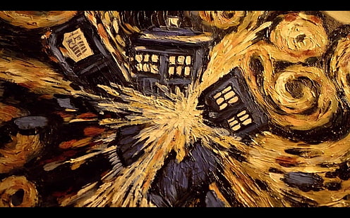 ภาพวาดนามธรรมสีน้ำตาลและสีดำ, Doctor Who, TARDIS, Vincent van Gogh, วอลล์เปเปอร์ HD HD wallpaper