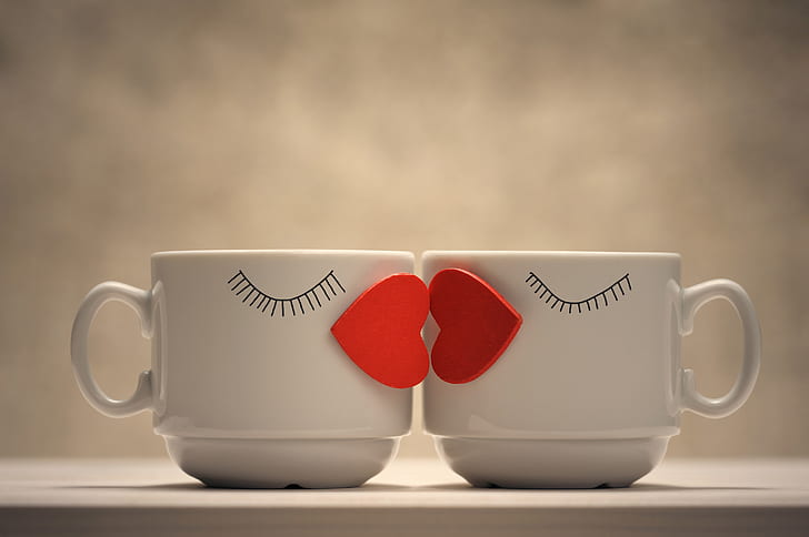 Lips, Coffee Mugs, Kiss, Love Hearts, 4K, HD wallpaper
