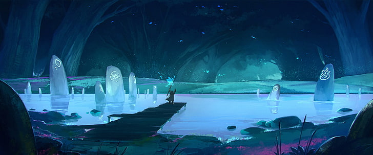persona sulla banchina del mare anime sfondo digitale, fantasy art, blu, stagno, grotta, magia, Sfondo HD