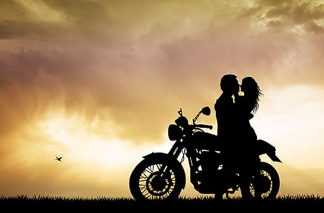 silhouette photo of man and woman with motorcycle, summer, mood, romance, the evening, blur, silhouette, motorcycle, bike, bokeh, wallpaper., beautiful background, a pair of lovers, trip walk, kiss love, HD wallpaper HD wallpaper