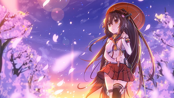 Anime, Anime Mädchen, lange Haare, Regenschirm, Brünette, Kirschblüte, Yamato (KanColle), Kantai Collection, HD-Hintergrundbild
