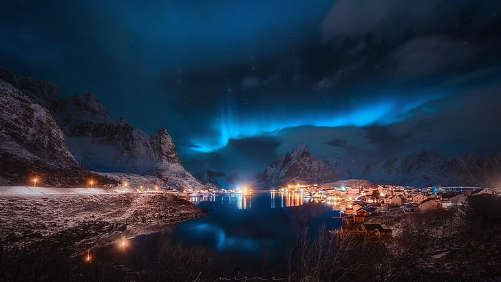 kar, ışıklar, balıkçı köyü, köy, avrupa, reinefjorden, Norveç, fiyort, akşam, bulut, karanlık, gece gökyüzü, manzara, fenomen, gece, doğa, dağ, kutup ışıklarıatmosfer, gökyüzü, HD masaüstü duvar kağıdı