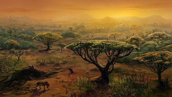 Künstlerisch, Malen, Afrika, Hyäne, Landschaft, Savanne, Baum, HD-Hintergrundbild HD wallpaper