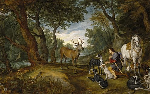 Peter Paul Rubens, Jan Bruegel, olej na płótnie, obraz olejny, malarstwo, grafika, natura, las, zwierzęta, jeleń, pies, mężczyźni, miecz, koń, niebo, kwiaty, skórzane buty, Tapety HD HD wallpaper