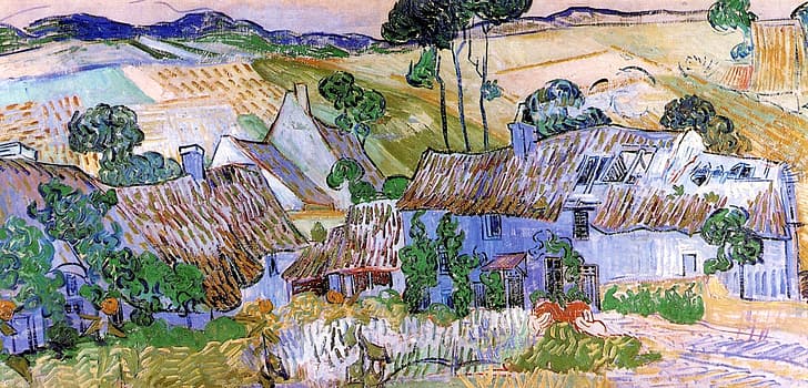 Provinz Vincent van Gogh, Strohgedeckte Hütten, an einem Hügel, HD-Hintergrundbild