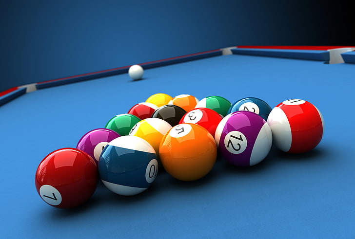 billiard ball set, billiard balls, pool table, ball, colorful, numbers, closeup, depth of field, render, CGI, balls, HD wallpaper