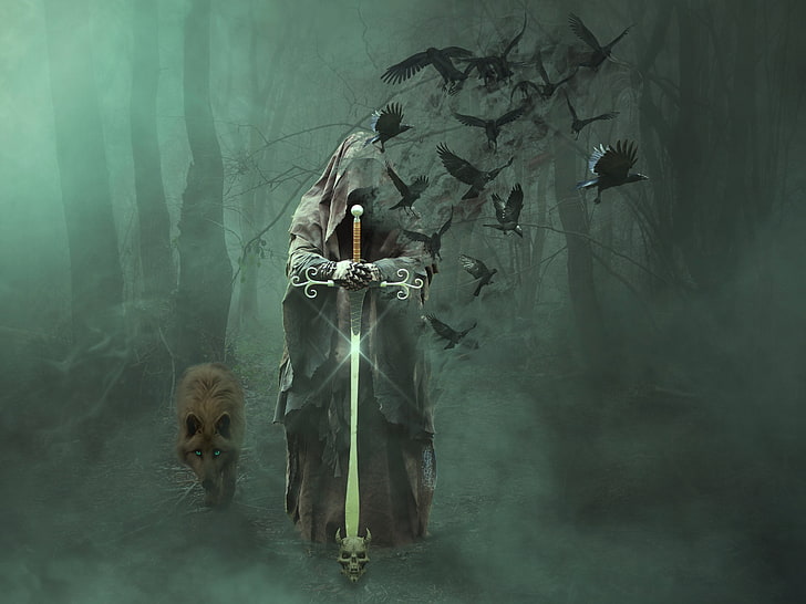 grim reaper holding sword and flock of raves wallpaper, magician, wolf, mystical, creepy, birds, mysterious, HD wallpaper