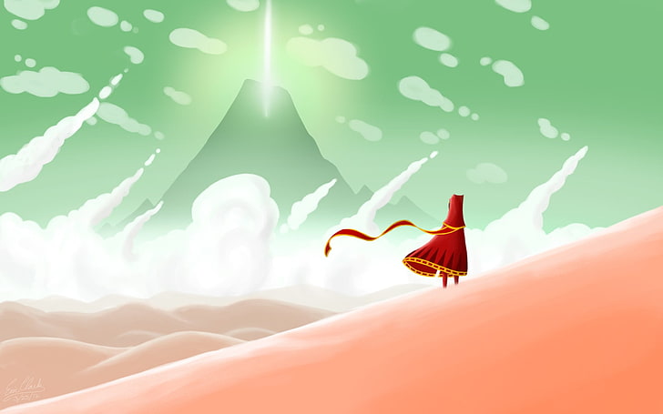 person wearing red cape near desert illustration, fantasy art, red dress, video games, Journey (game), HD wallpaper